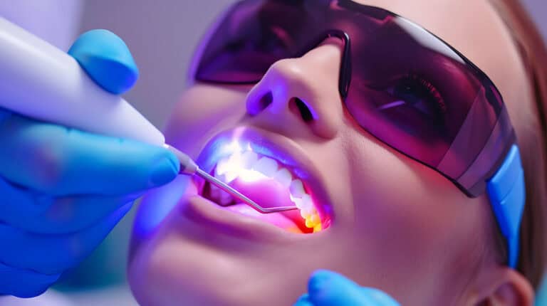 Zahnarzt verwendet Laserbehandlungsgerät im Mund einer Patientin