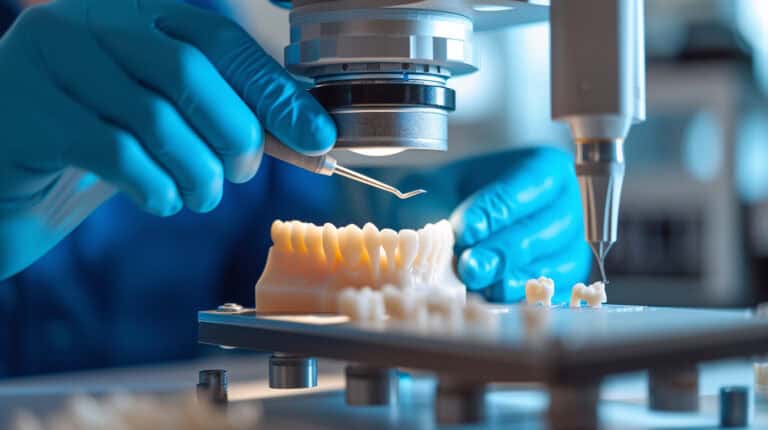 Zahnarzt untersucht mit dem Mikroskop eine Zahnprothese die mit einem 3D-Drucker hergestellt wurde