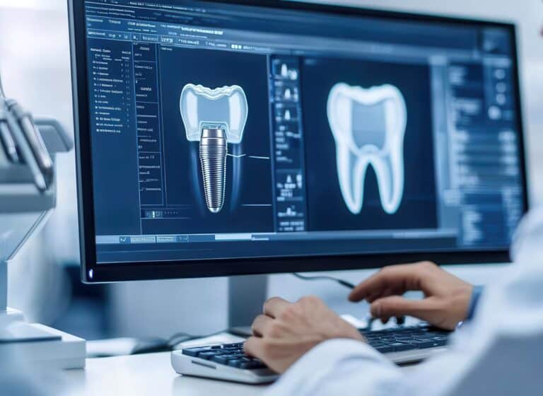 Zahnimplantat-Darstellung auf Computerbildschirm dank 3D-Navigation