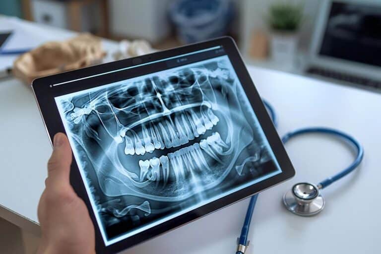 Digitales Zahn-Röntgenbild auf Tablet dank digitaler Volumen-Tomographie (DVT) mit einem Stethoskop auf einem weißen Schreibtisch