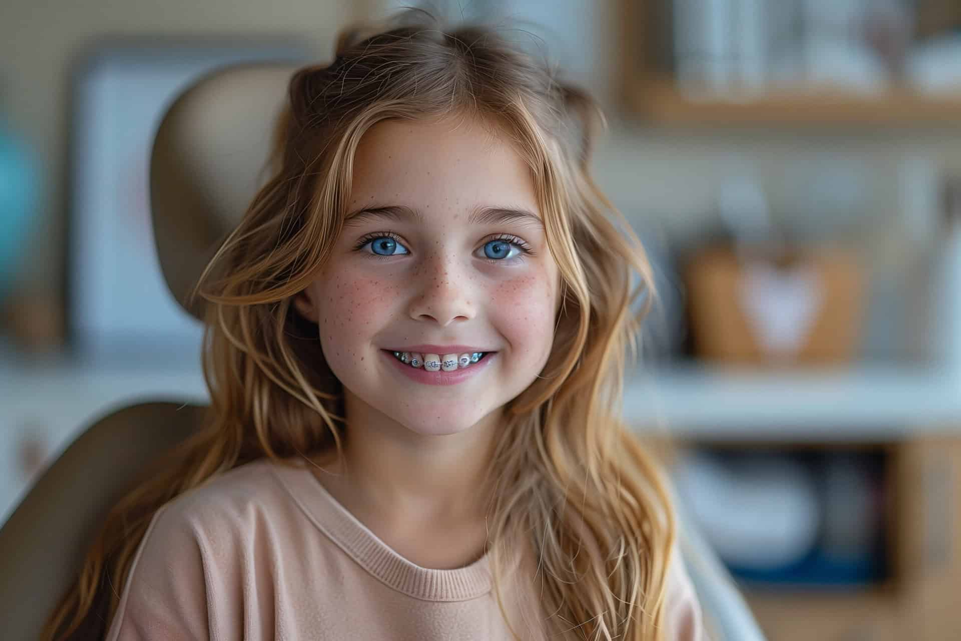 Lächelndes Mädchen mit blauen Augen, Sommersprossen, langen blonden Haaren und fest sitzender Zahnspange